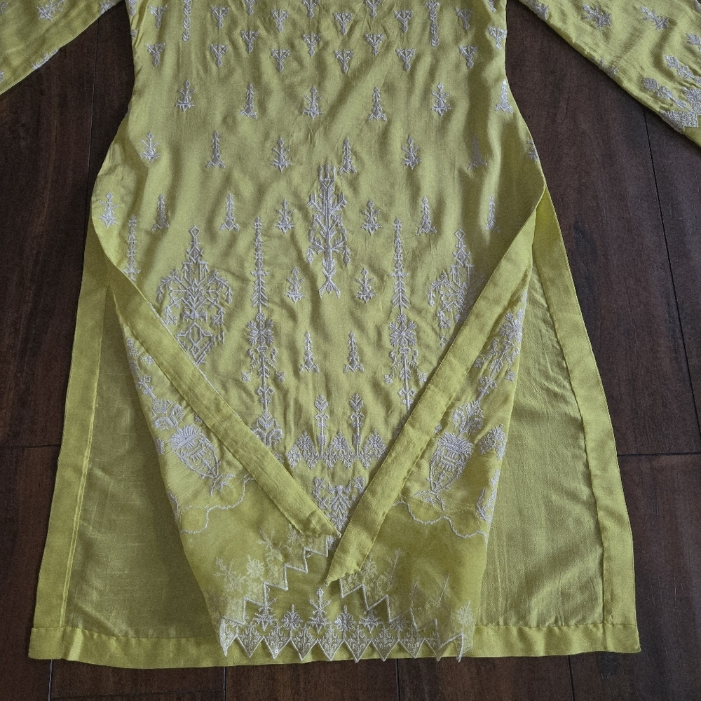 Embroidered Lime Yellow Top Shirt Long Kurti Cotton Silk Organza Size S/M - Picture 6 of 11